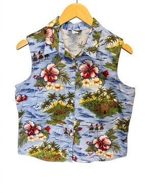 Vintage Puanani Made in Hawaii Sleeveless Blouse Vest Tropical Hula Print Size L
